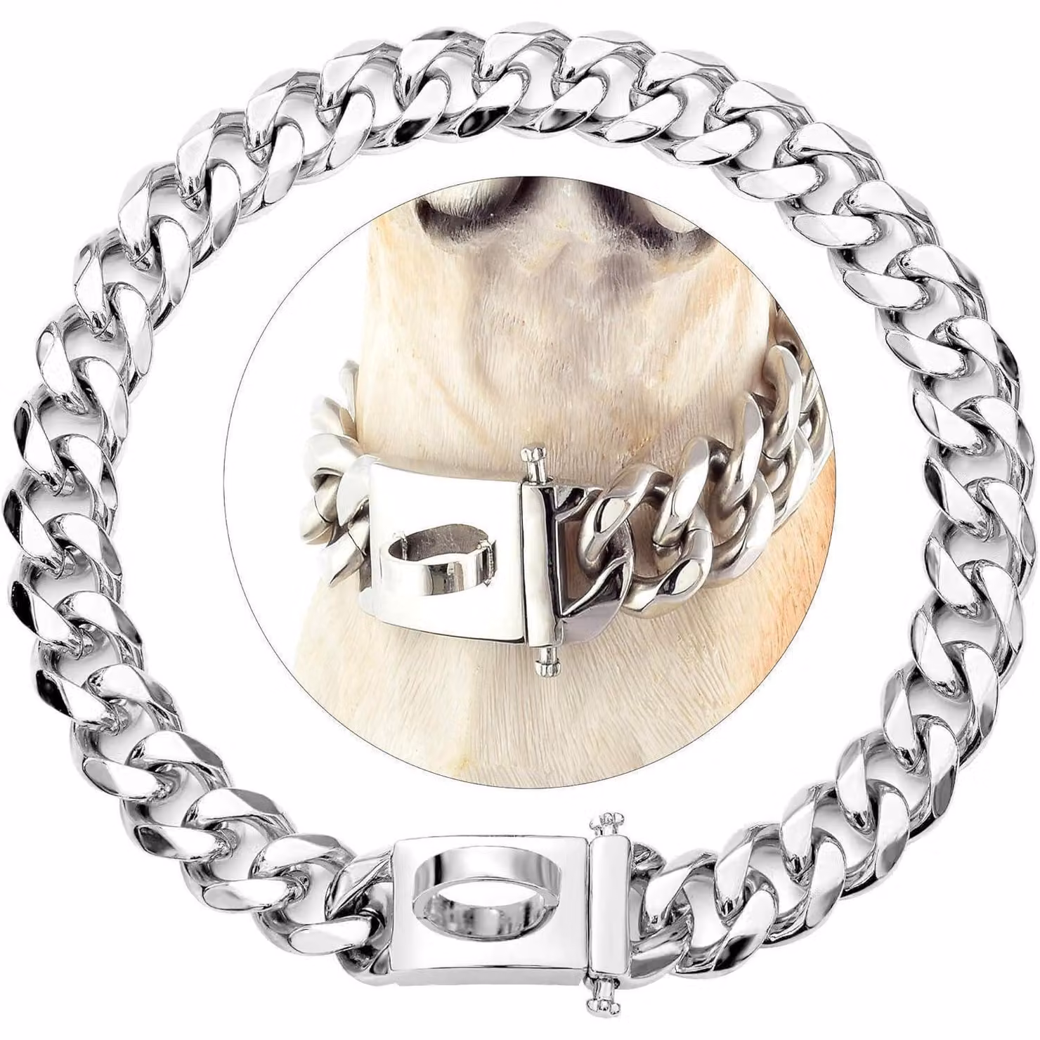 Catena per cani, modello Cuban Link, in acciaio inossidabile argentato, lunghezza 16 pollici