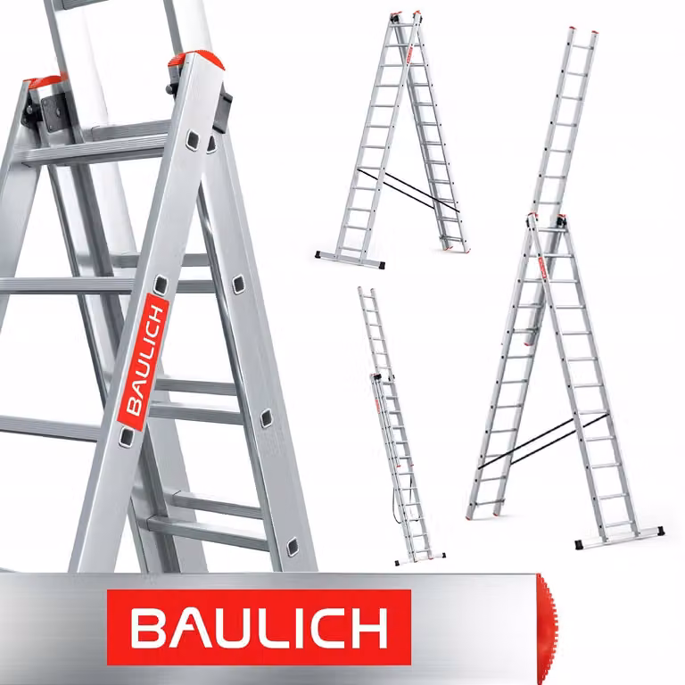 Baulich | Scala in alluminio - 3 sezioni - 3x12 gradini - Carico massimo 150 kg - Altezza massima di lavoro 8,09 m - Scala multifunzionale - Stabilizzatore incluso