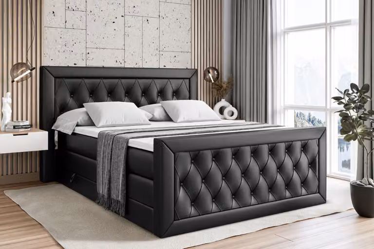 Letto boxspring ALTDECOR con materasso e rete a doghe, topper, pediera, letto imbottito con contenitore, letto con vano portaoggetti, materassi H3 e H4, letto boxspring - NOEL-Z KING - 200x200 - Ecopelle nera