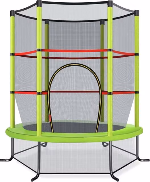 Mini trampolino elastico per bambini con rete di sicurezza in acciaio e struttura in verde, H x L x P: 165 x 165 x 45 cm