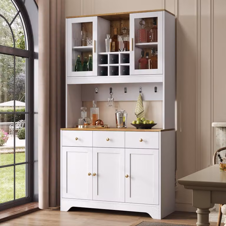 Armadio da cucina Flieks con 5 ante, 3 cassetti e ante in acrilico trasparente, mobile alto per soggiorno e sala da pranzo, credenza 94,5 x 30 x 175,5 cm, bianco