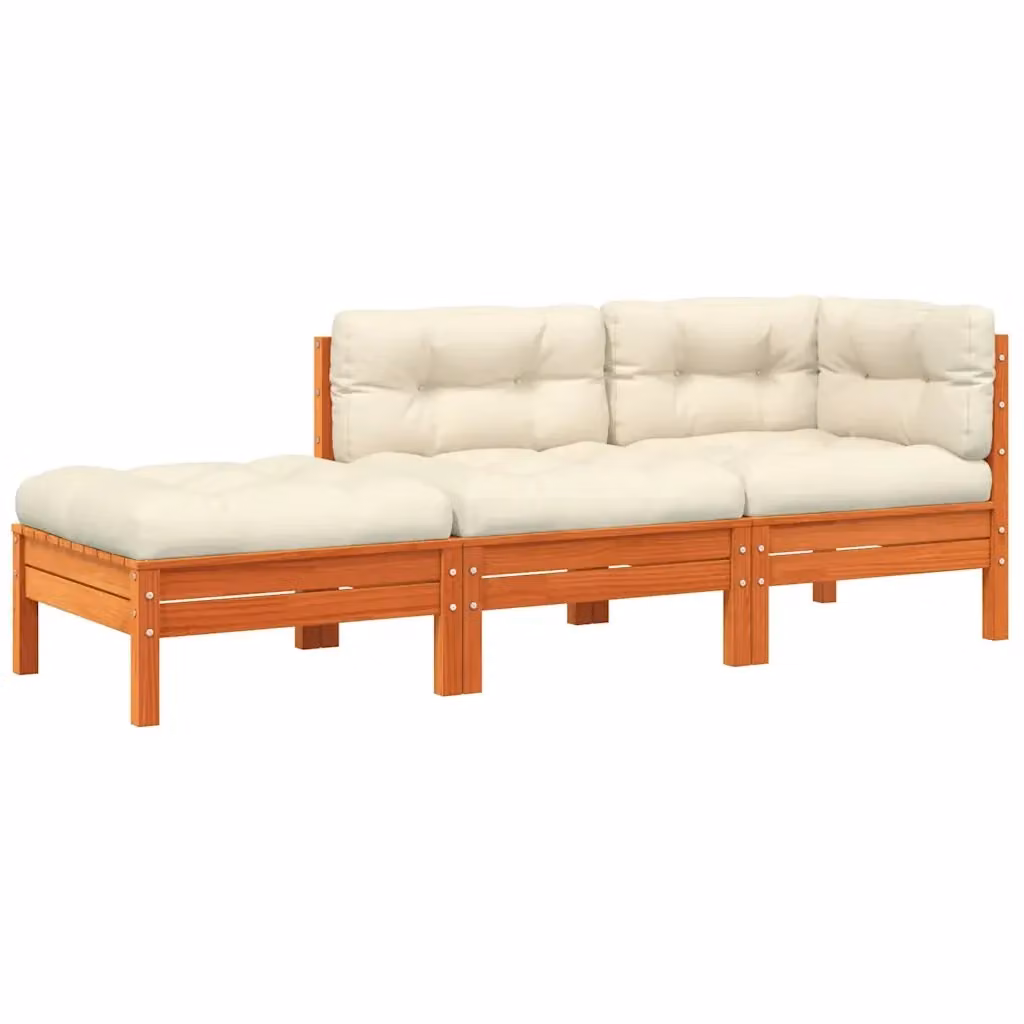 vidaXL Divano da Giardino ad L con Cuscini e Poggiapiedi, Legno di Pino Trattato, Marrone e Beige – 2