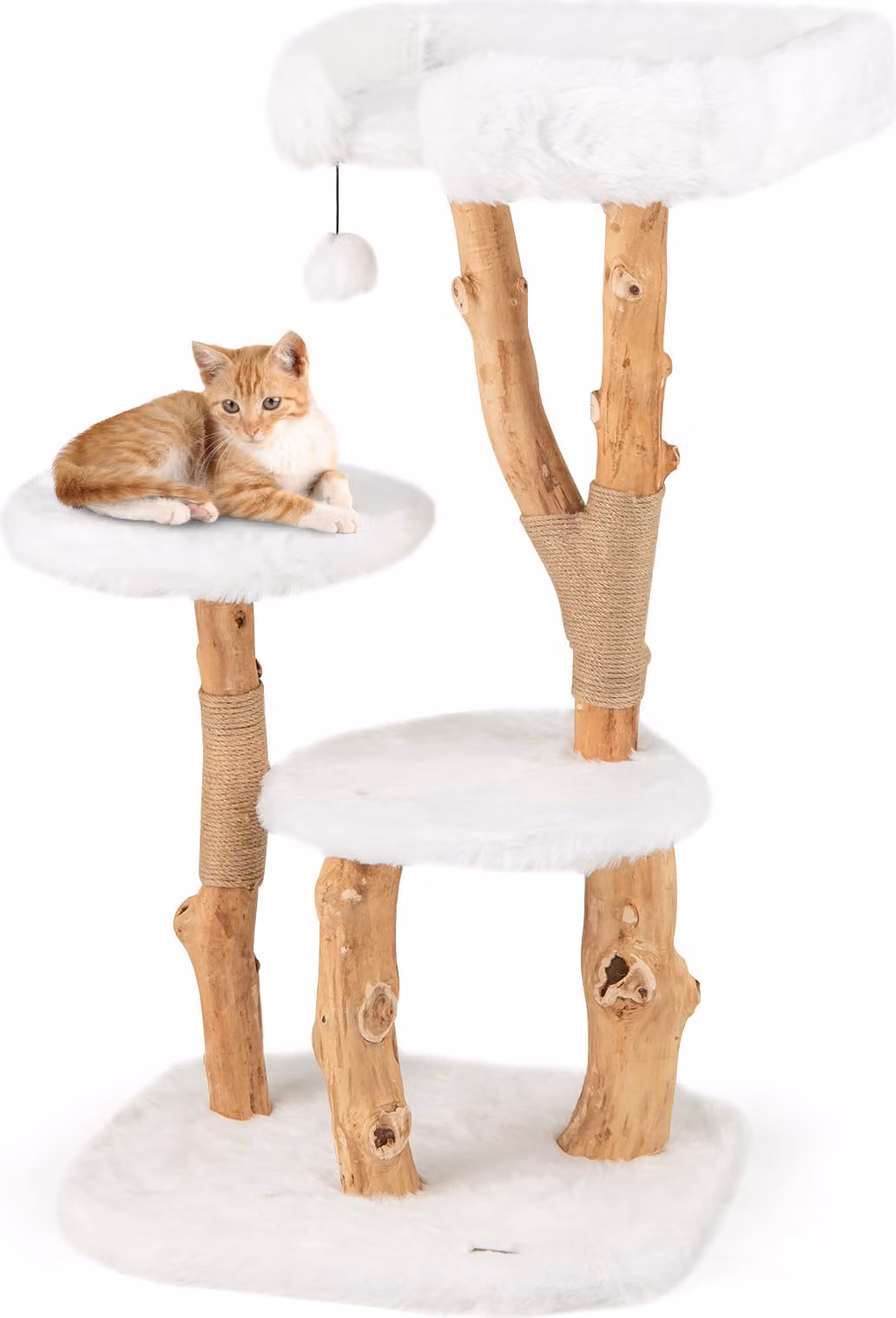 COSTWAY tiragraffi 110cm, albero per gatti con seduta in peluche, 2 piattaforme e palla da gioco, torre per gatti con tiragraffi, mobili per gatti in legno massiccio bianco