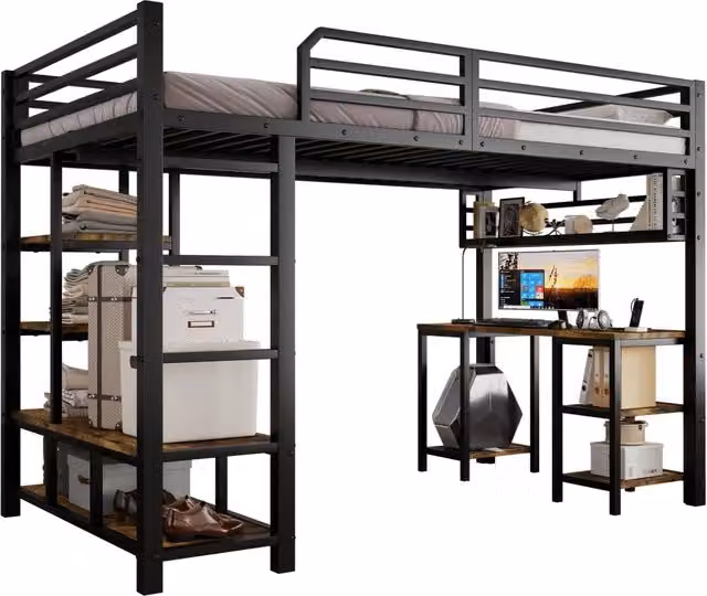 Letto a soppalco 120x200 con scrivania; ripiani e scala a 4 gradini; metallo e legno; nero e noce scuro