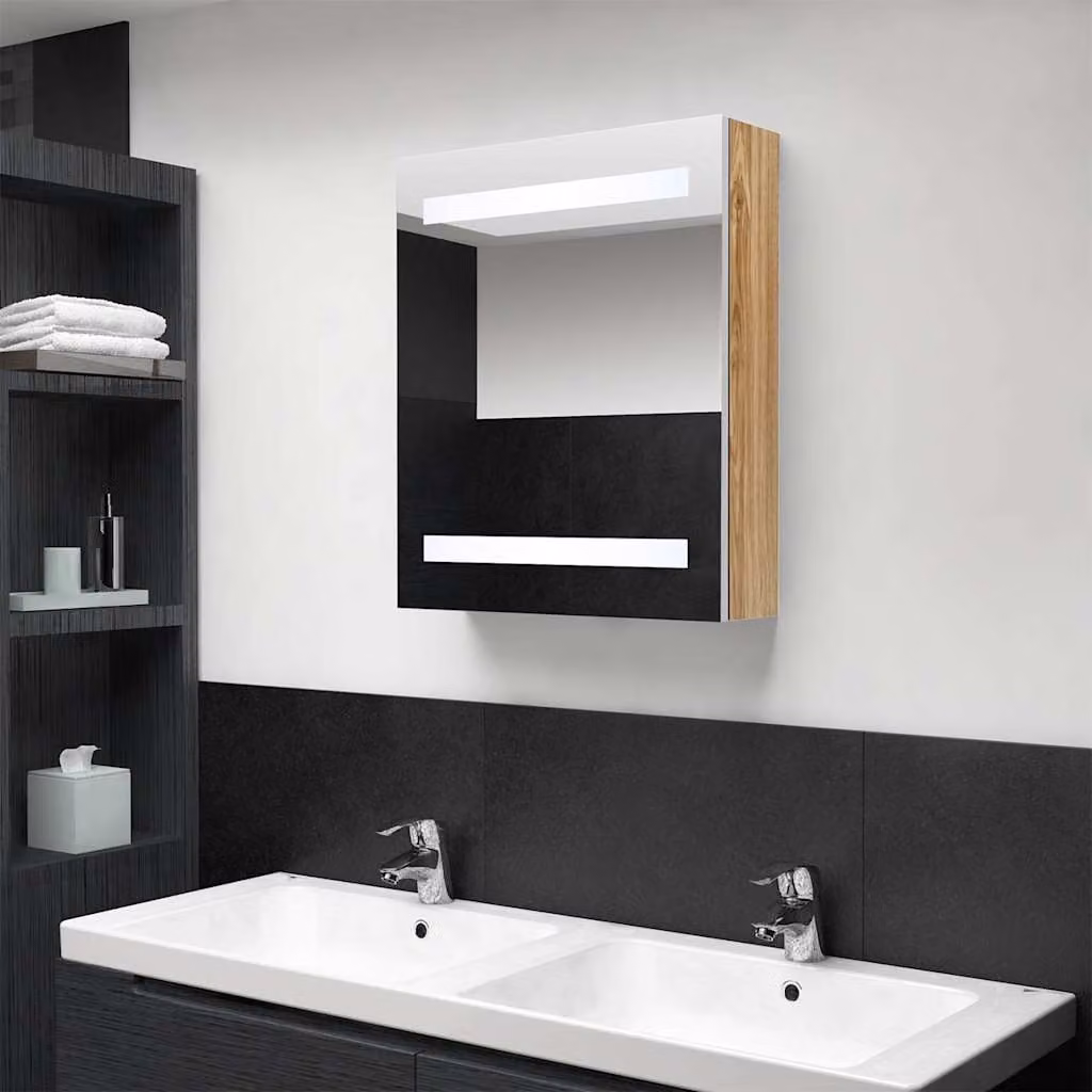 Armadietto da bagno moderno vidaXL con specchio e illuminazione LED, Bianco e Rovere, L: 50 cm, P: 14 cm, H: 60 cm