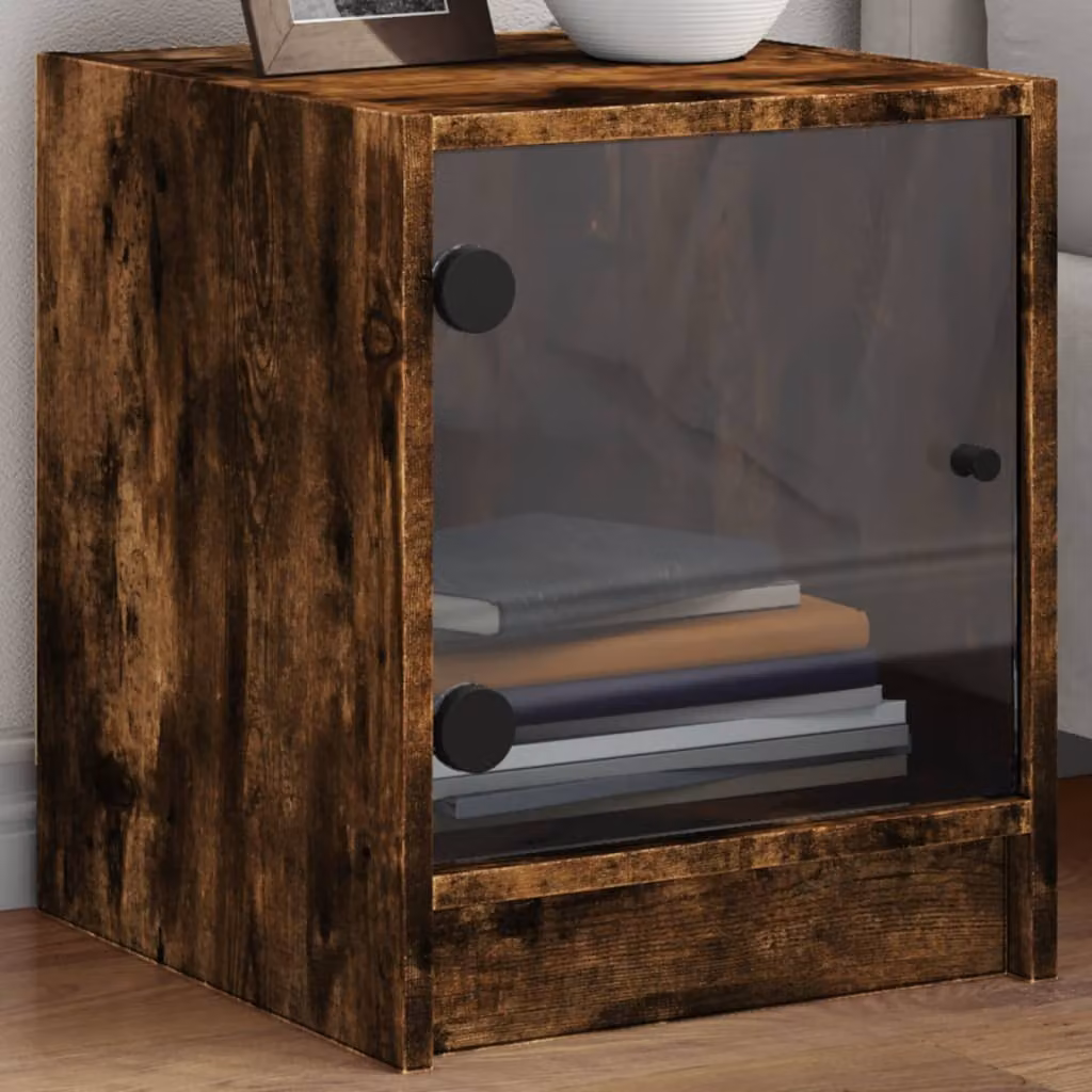 Comodino vidaXL con Anta in Vetro e Finitura Rovere Fumo, Marrone, L 35 cm x P 37 cm x H 42 cm