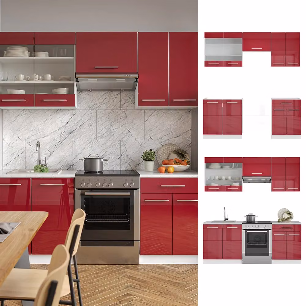 Cucina componibile Fame-Line Vicco moderna in Bordeaux lucido e Bianco con piano Rovere, L: 200 cm – 2