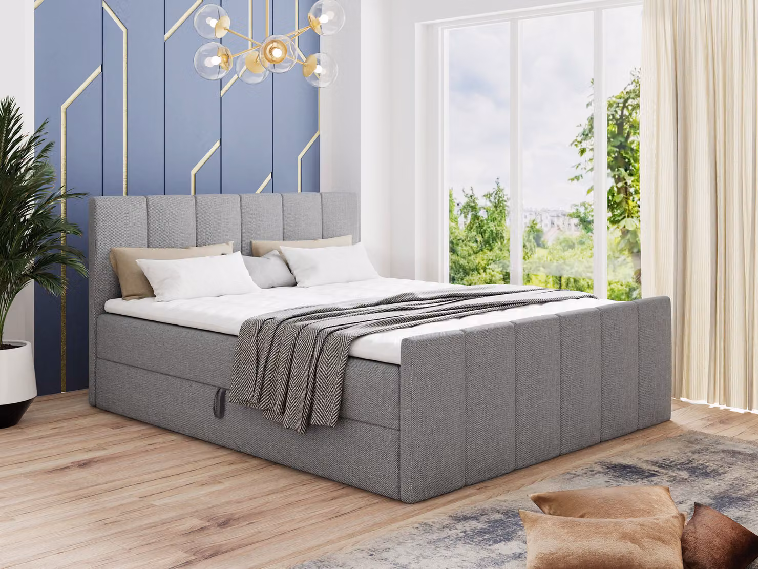Letto boxspring Star Lux con pediera, 2 contenitori e coprimaterasso - Letto matrimoniale con coprimaterasso, materasso Bonell, letto imbottito, letto (grigio (Inari 91), 180 x 200 cm)