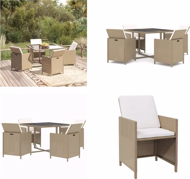 vidaXL set da pranzo da giardino 5 pezzi con cuscini in poly rattan beige - Set da pranzo da giardino - Set da pranzo da giardino - Set da pranzo in poly rattan - Set da pranzo da esterno