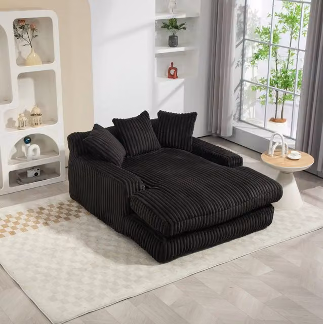 Chaise longue 125x155x63 cm con 3 cuscini; senza montaggio in corduroy nero