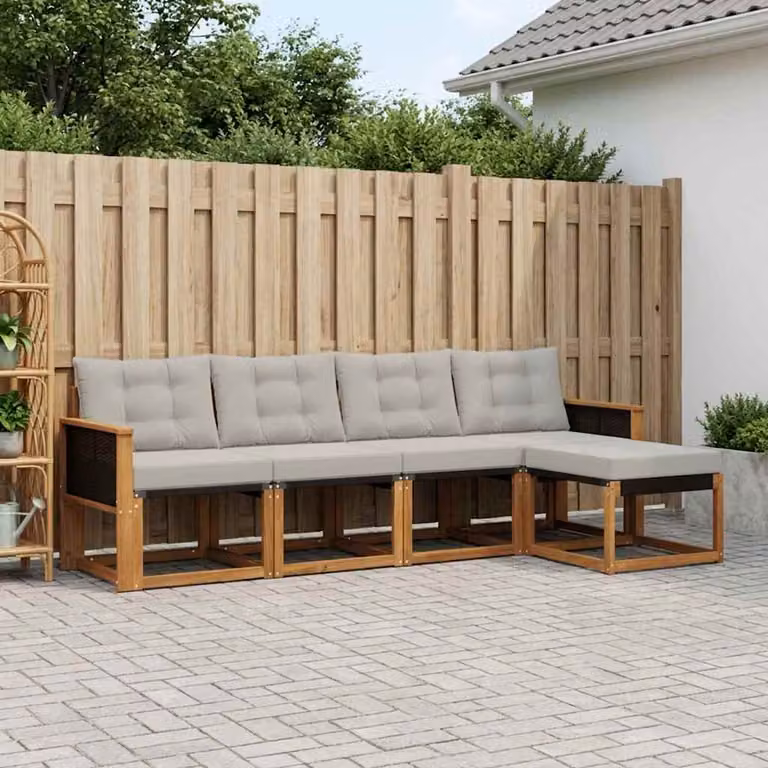 vidaXL Set di divani da esterno a L composto da 5 pezzi in legno di acacia con cuscini in tessuto textilene, colori beige, grigio e marrone