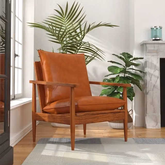Poltrona-Divano Sedia-Poltroncina Marrone in Vera Pelle e Legno di Acacia