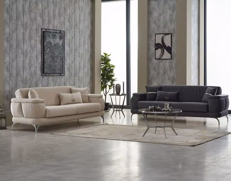 Garnitur Sofa Couch Polstersofa Dreisitzer Stoffsofa Grau Beige 2tlg