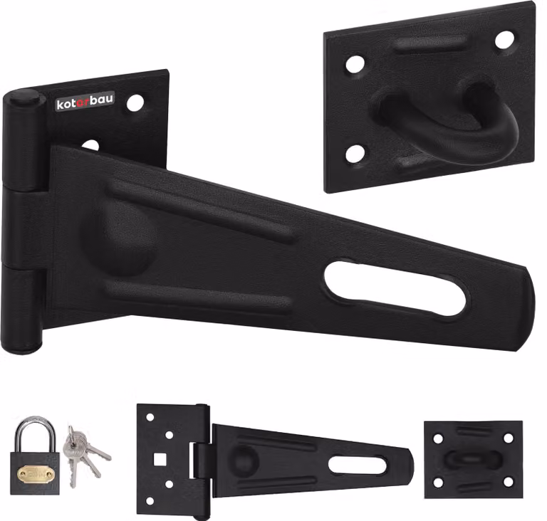 KOTARBAU® 150x45 mm con lucchetto Acciaio verniciato a polvere nera Serratura di sicurezza Haspe Scrocco per cancello Scrocco per cancello Scrocco per cancello Meccanismo di bloccaggio