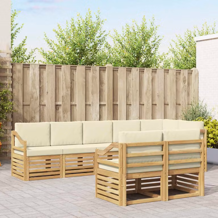 Set di divani da esterno vidaXL a forma di L composto da 8 pezzi in legno di acacia con cuscini bianchi e beige