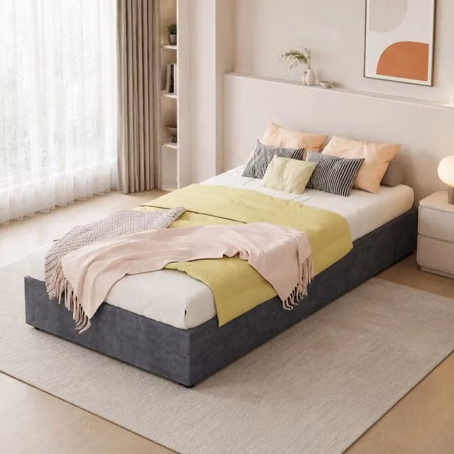 Struttura letto Mivray moderna in tessuto e metallo grigio, L/P/H: 90 x 200 cm