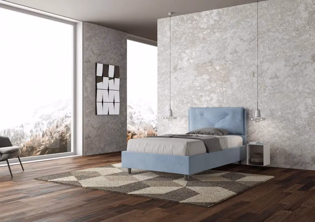Letto una piazza e mezza BS COM con rete imbottita in microfibra, colore azzurro, L: 130 cm, P: 210 cm – 2