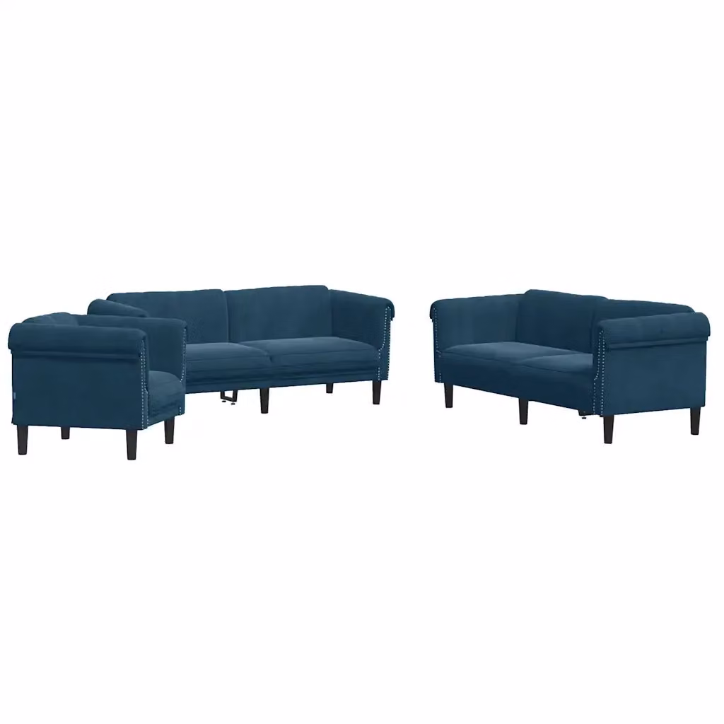 Set di divani 3 pezzi vidaXL in velluto blu con struttura in legno massiccio e cuscini inclusi – 2