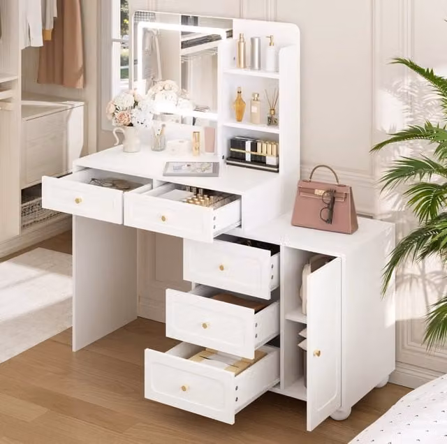 Toeletta MODFU con specchio HD e illuminazione LED regolabile, bianca, L: 80 cm, P: 39,8 cm, H: 127 cm
