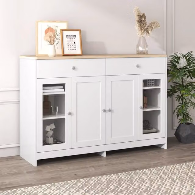 Credenza Mivray moderna con quattro ante, due cassetti e ripiani regolabili in MDF, bianca e color legno, L 120 cm x P 37 cm x H 80 cm
