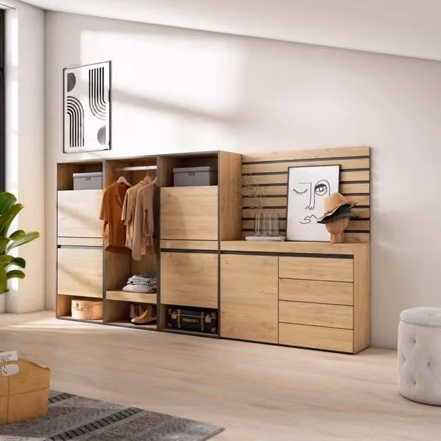 Scarpiera e Armadio Aperto SKRAUT HOME con Cassettiera e Pannelli Decorativi, Colore Rovere, L/P/H: 287 x 35 x 145 cm