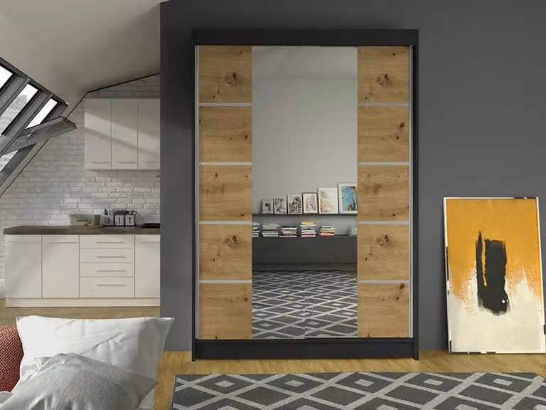 MIRJAN24 Armadio ad ante scorrevoli Lino V, con specchio, armadio del produttore (nero / rovere artigianale, senza illuminazione)