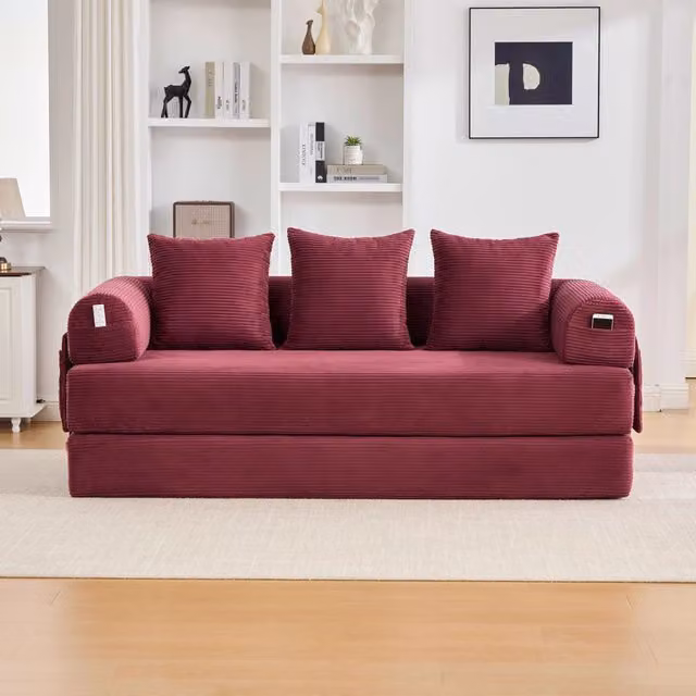 Divano angolare modulare MIVRAY in velluto a coste rosso con struttura in metallo e 3 cuscini inclusi L/P/H: 200 x 143 x 67 cm