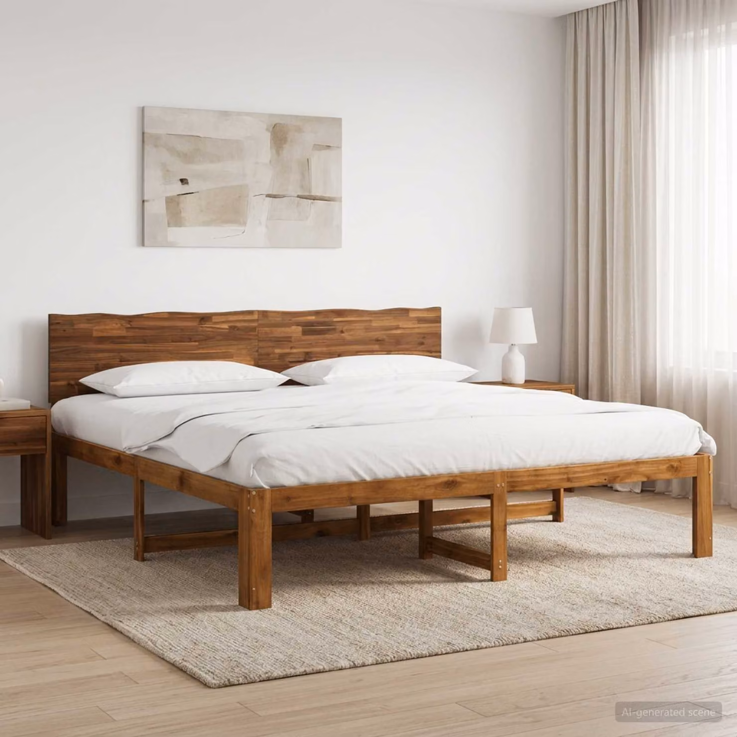Letto matrimoniale con testiera vidaXL ROSTOCK in legno di acacia naturale, colore marrone, L: 197,0 cm, P: 208,5 cm, H: 91,0 cm