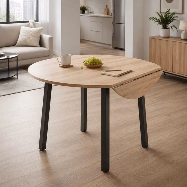 Tavolo da pranzo ULEVR 100x100 cm con piano rotondo a doppia ribalta, MDF effetto rovere, per 2-4 persone