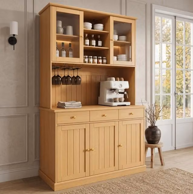 Credenza alta 120x40x191 cm con portabicchieri e prese integrate; truciolare; naturale