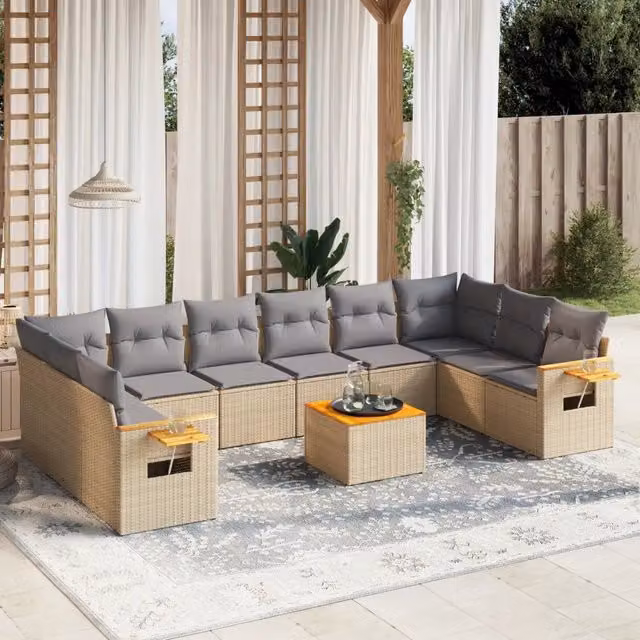 Set di divani da giardino VIDAXL in polyrattan con cuscini beige, composizione a L moderna da 11 pezzi – 1