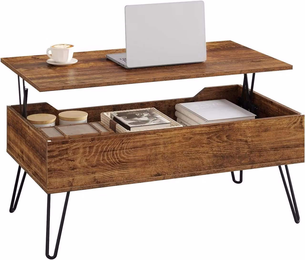 Tavolino con spazio contenitivo nascosto e piano ribaltabile | Colore marrone rustico | 95x50x40 cm