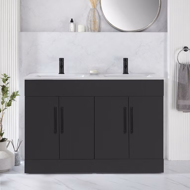 Mobile Bagno a Terra Grigio Nero da 1210mm con Doppio Lavabo e Maniglie Nere con Barra a T - Cluo