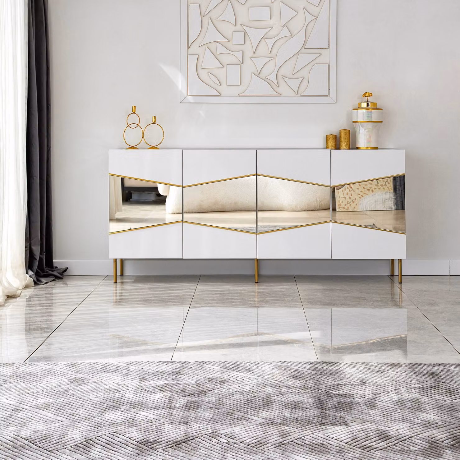 Skye Decor, Nice - Bianco, Oro, Consolle, 100 % PANNELLI DI PARTICELLE RIVESTITI IN MELAMMINA, Bianco, 180 x 40 x 80 cm