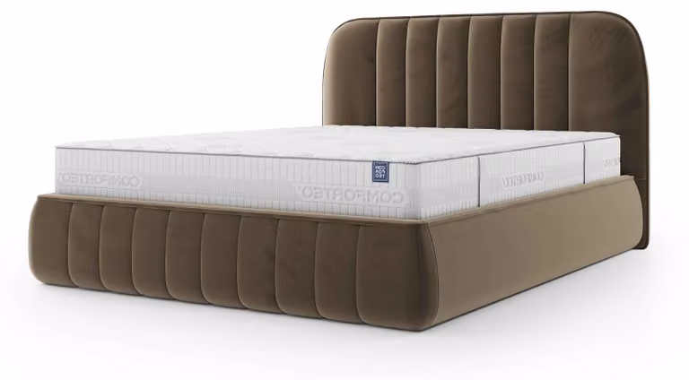Letto imbottito con contenitore Carla, finitura "Terra Vulcanica", dimensioni 140 x 200 cm