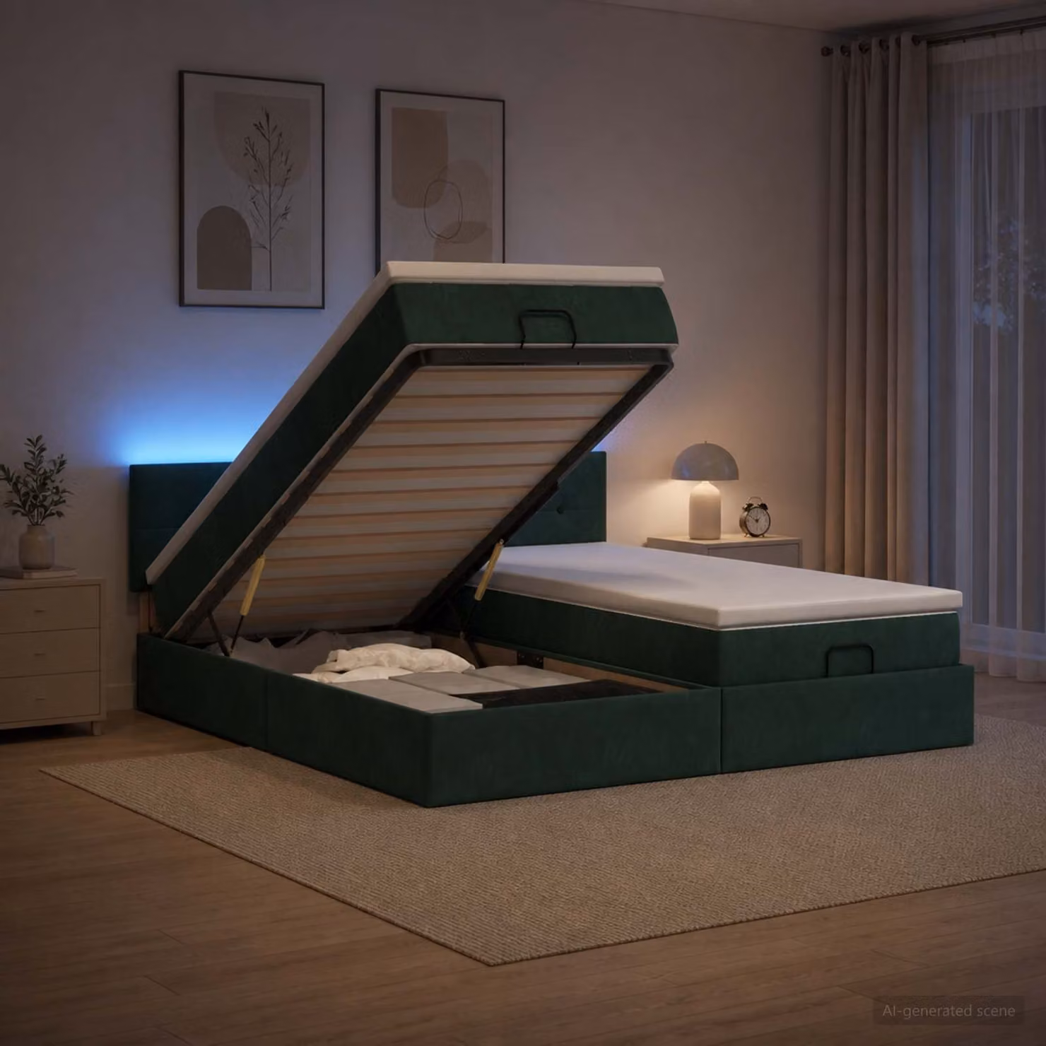 vidaXL Letto Ottomano con Materasso e LED Verde Scuro L: 160 cm, P: 200 cm