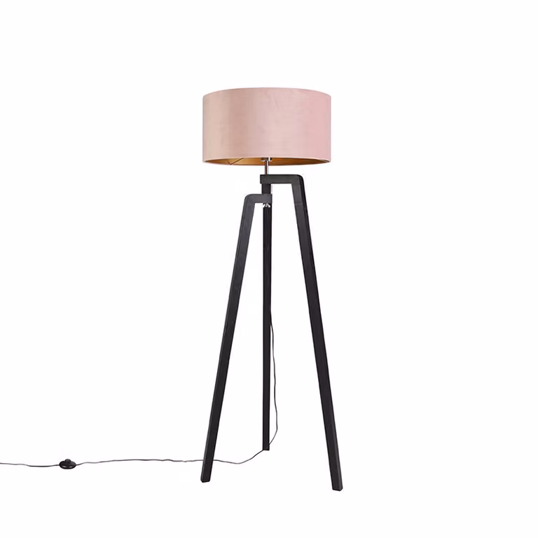 Lampada da terra con base a treppiede nera, paralume rosa e dettagli dorati, 50 cm, Puros