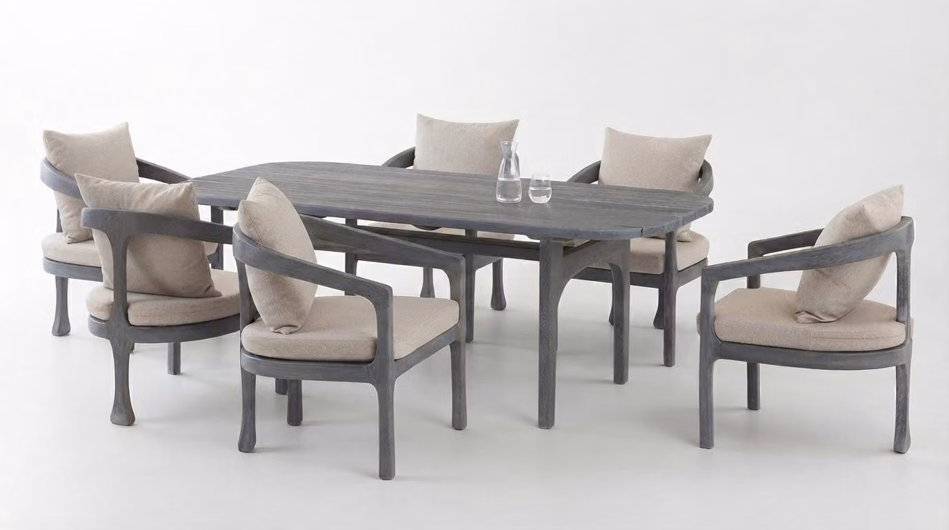 Set da terrazzo grigio, composto da: tavolo da pranzo esclusivo e 7 eleganti sedie da giardino