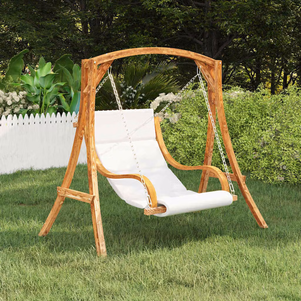 Sedia a dondolo vidaXL in legno di teak con cuscino beige e bianco per giardino e terrazza – 1