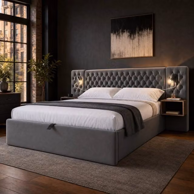 Letto matrimoniale MODFU in velluto grigio con contenitore idraulico, luci di lettura integrate e porte USB, L/P: 180 x 200 cm – 1