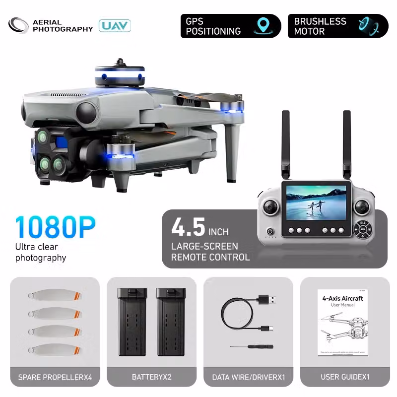 Drone con telecamera PT50 1080P GPS, doppia camera con zoom 5x, sensore anti-collisione e 2 batterie da 2700mAh, colore grigio – 2