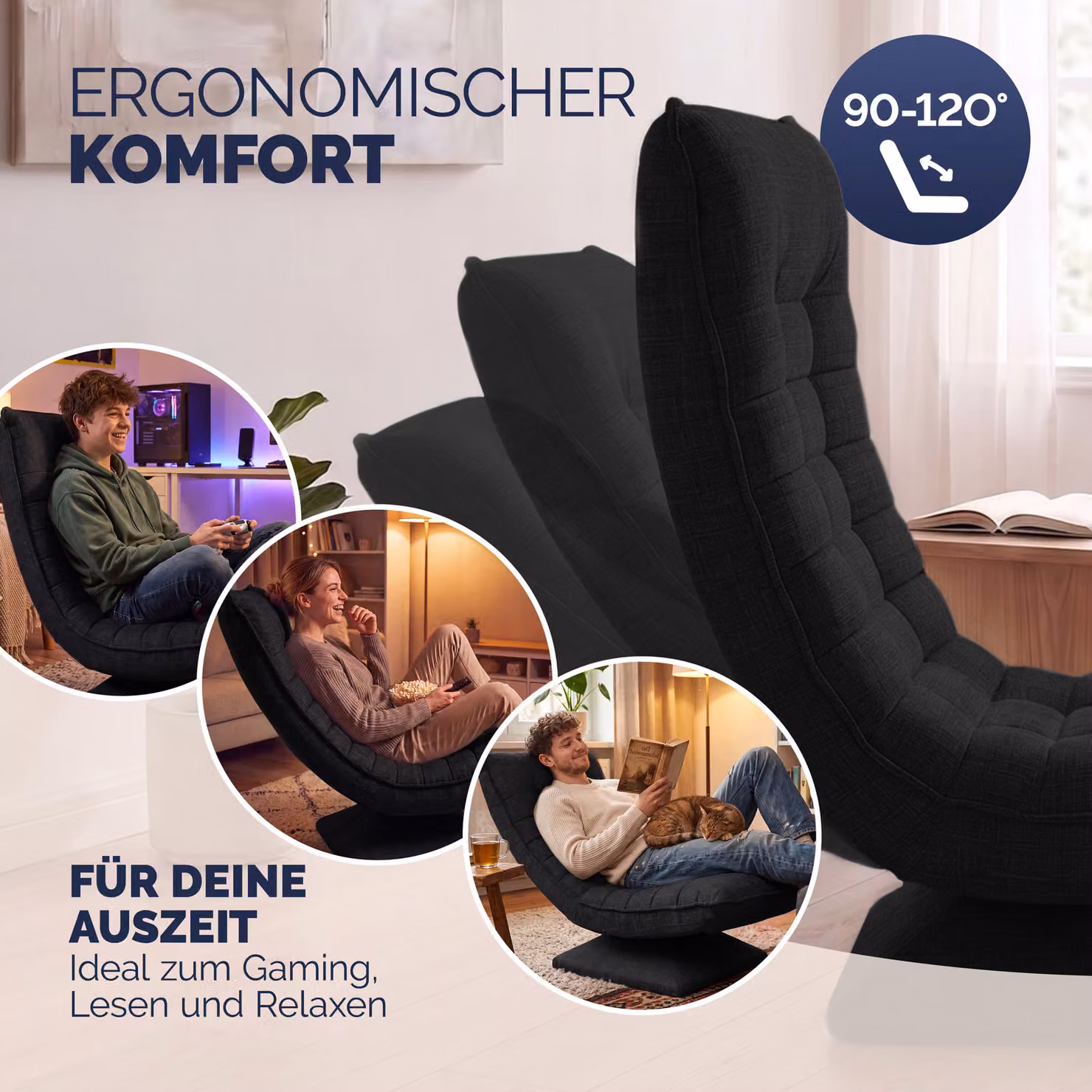 Sedia relax Aberdeen Casaria in tessuto nero con struttura in metallo e rotazione a 360 gradi – 4