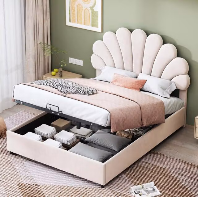 Letto matrimoniale imbottito 140x200 cm con testiera floreale, tessuto in velluto beige, contenitore idraulico e rete a doghe