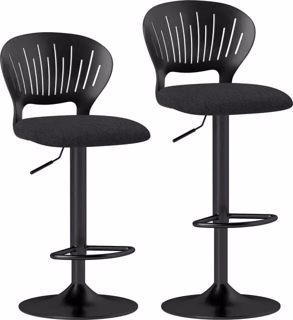 Set di 2 sgabelli da bar HOMCOM in tessuto effetto lino e metallo con poggiapiedi, colore nero, L 40.5 cm x P 43 cm x H 84-105 cm
