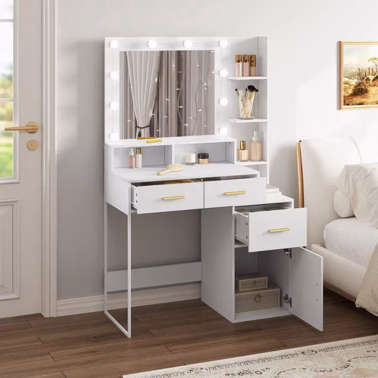 Tavolo da trucco bianco con illuminazione a LED - Specchio per il trucco con luminosità regolabile 90×143×39,5 cm - Tavolo cosmetico per donne e ragazze