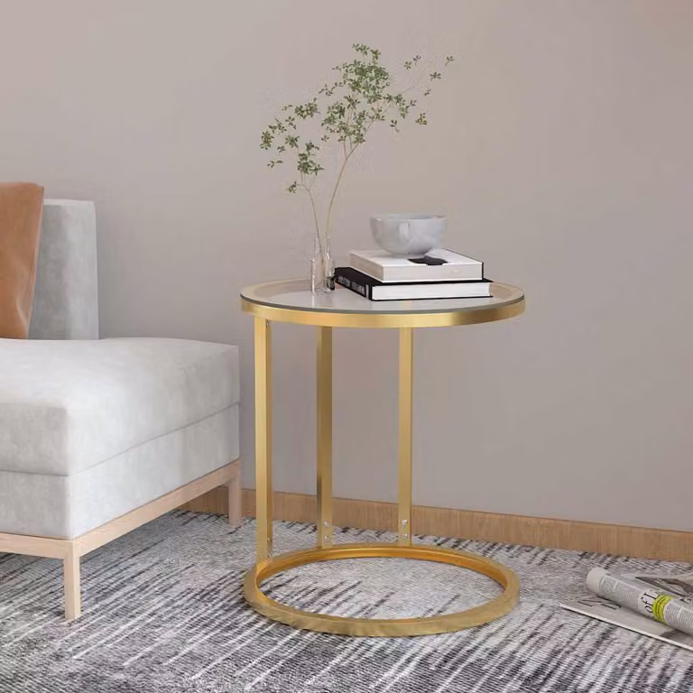 Tavolino rotondo moderno vidaXL in vetro temperato e metallo, oro e trasparente, Diametro: 45 cm