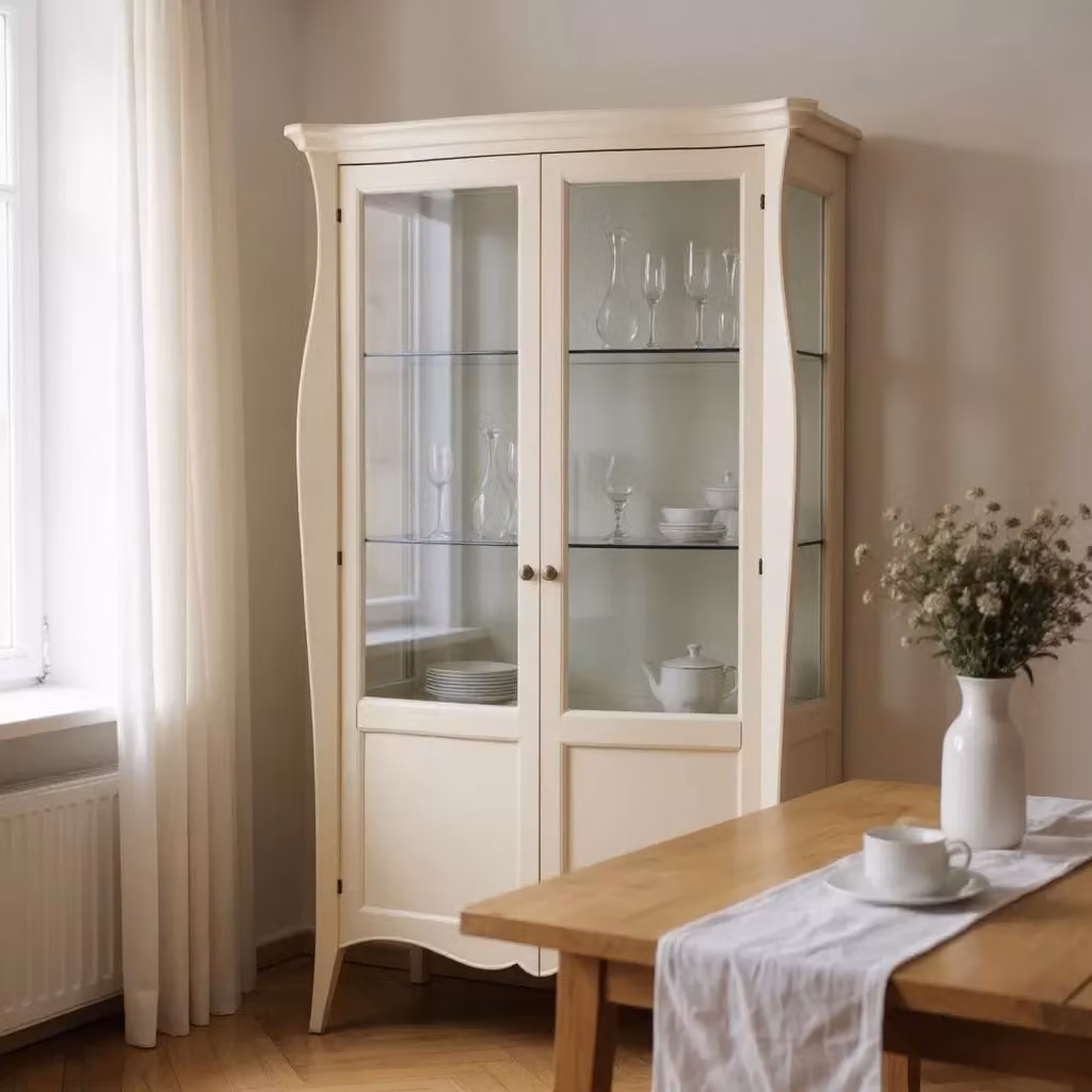 Vetrina classica in legno con ante in vetro e ripiani interni beige, Mobili 2G, L: 130 cm, P: 50 cm, H: 200 cm – 2
