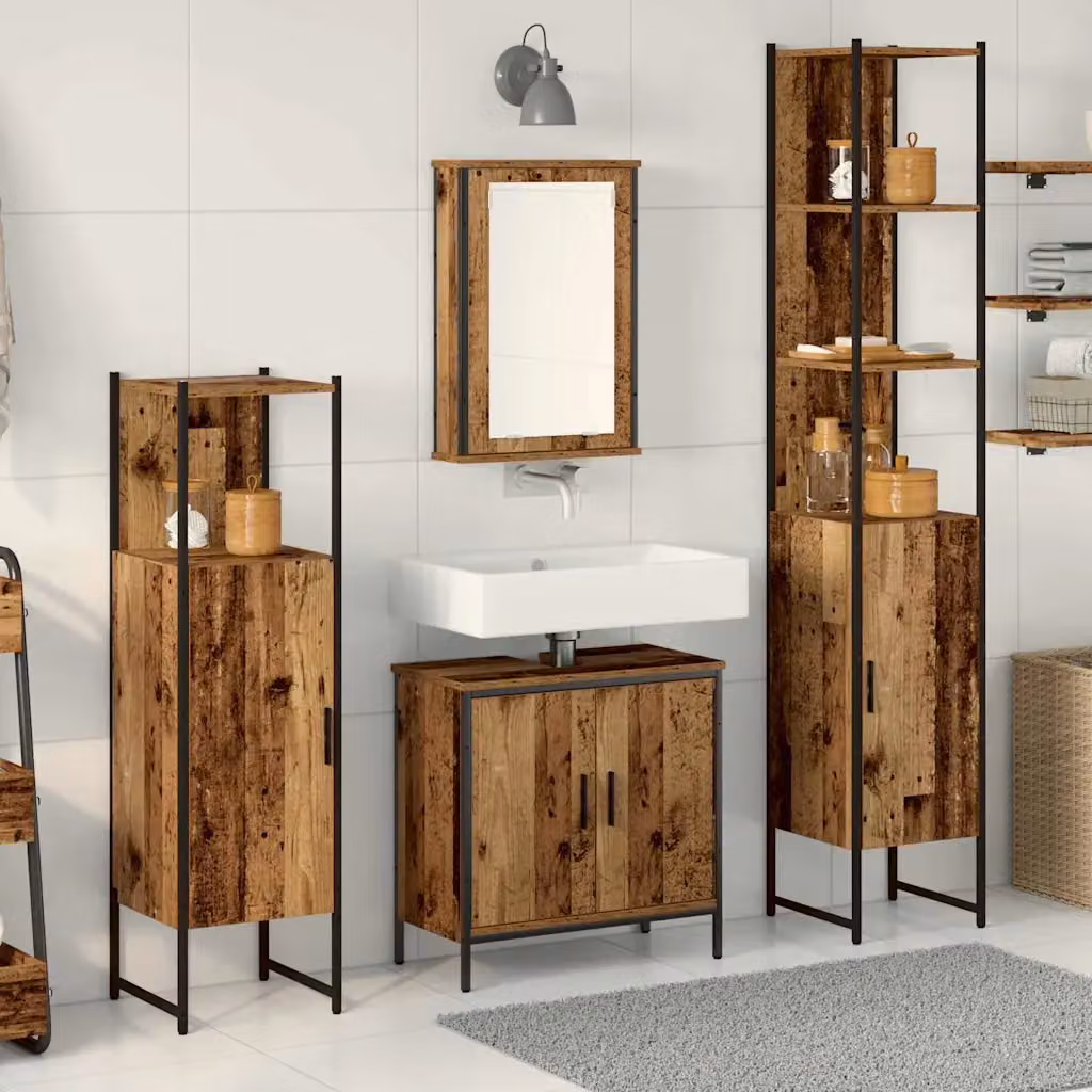 Set di mobili per il bagno moderno vidaXL in legno marrone e nero, composto da armadietto con specchio, mobile lavabo, colonna alta e mobile laterale, L/P/H: 33 x 33 x 185,5 cm