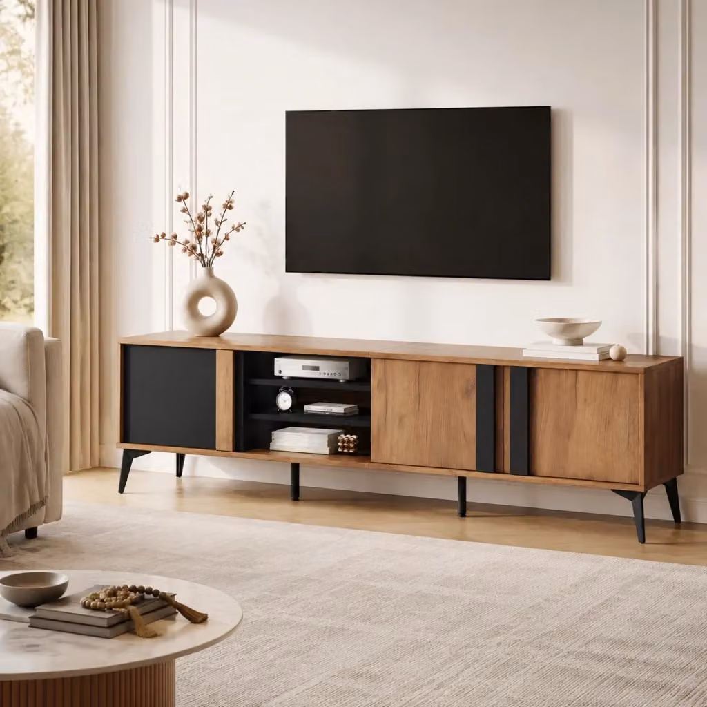 Mobile TV Mivray moderno con 3 ante e 4 vani aperti, finitura marrone e nero, gambe in metallo, L/P/H: 180 x 40 x 50 cm – 2