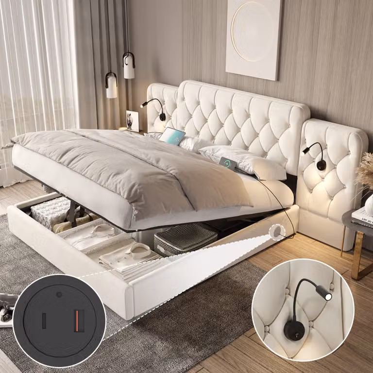 Letto imbottito LVHOM 160x200 cm con lampade da lettura e USB, letto a molle idrauliche con rete, letto matrimoniale in velluto con rete a doghe, letto funzionale, beige